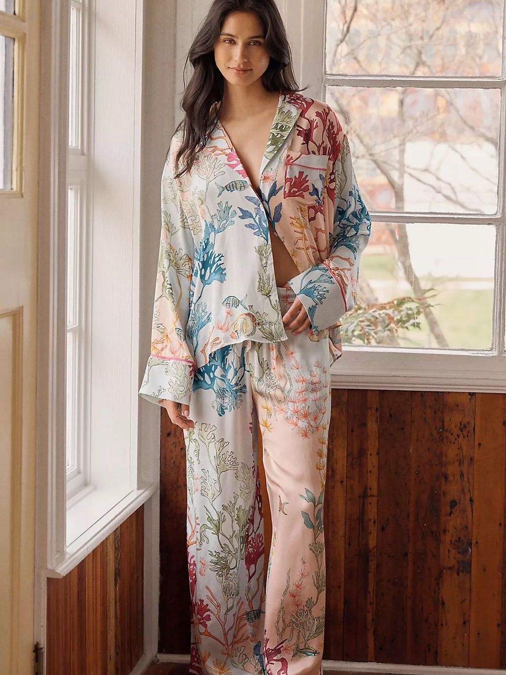 Anthropologie Lyrebird Neela Oversized Coral Ocean Silky Pajama Set